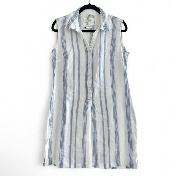 Malvin Blue Striped Dress Linen Blend Collared Sleeveless Button Up Women's 10 - Picture 1 of 5